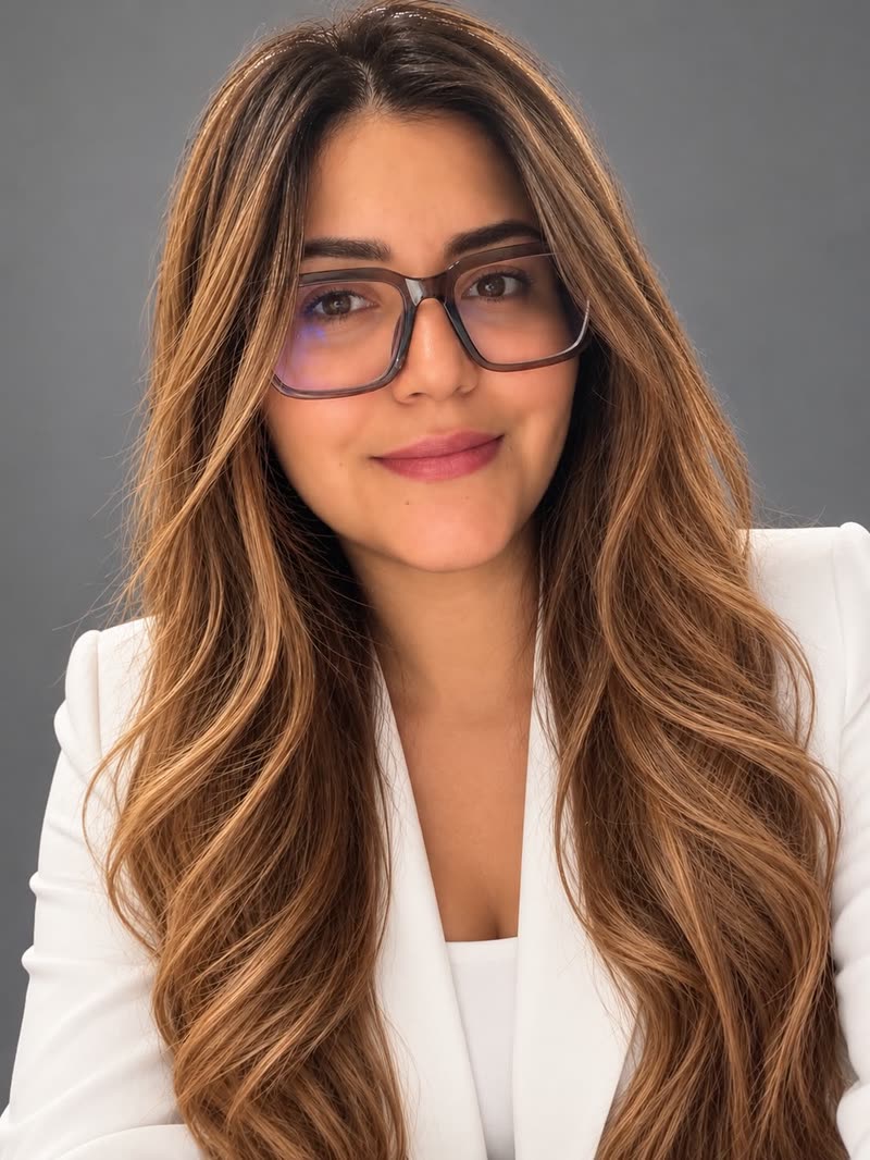 Nathaly Dávila, cofundadora de Backlinks Global, retrato profesional con blazer blanco